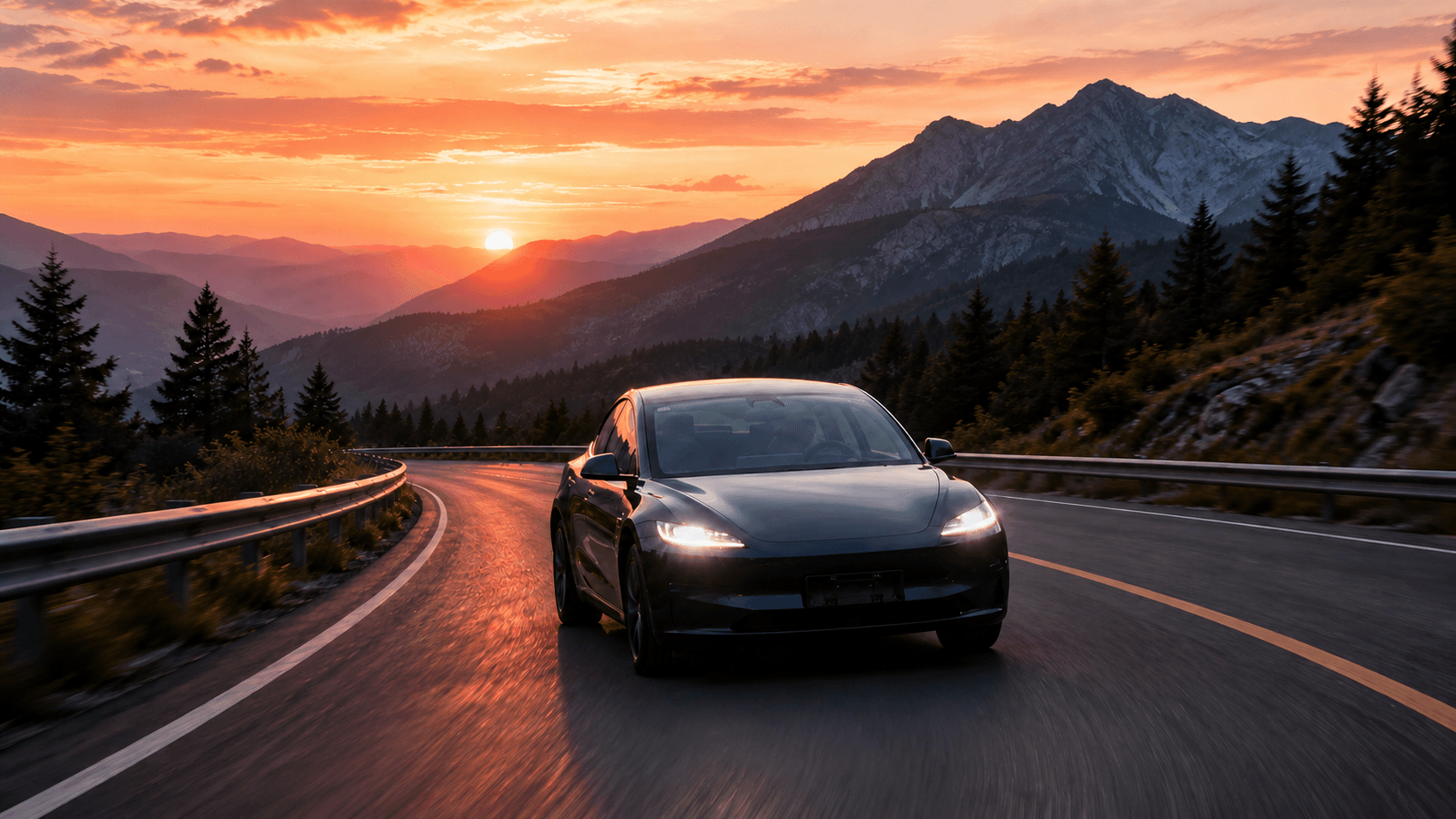 Dark electric car driving on a mountain road at sunset